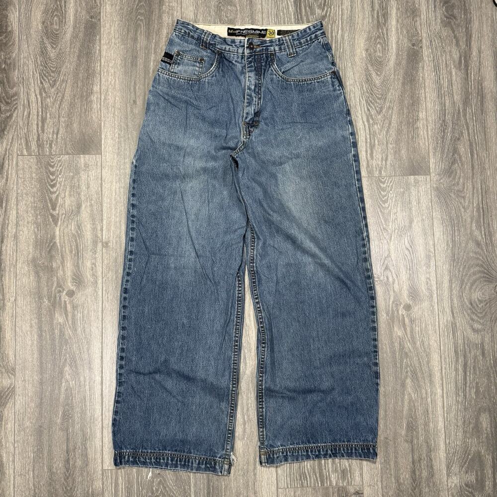 Vintage Fresh Jive Blue Baggy Wide Leg Jeans Thrashed Size 30x28 Skater Rave Y2K